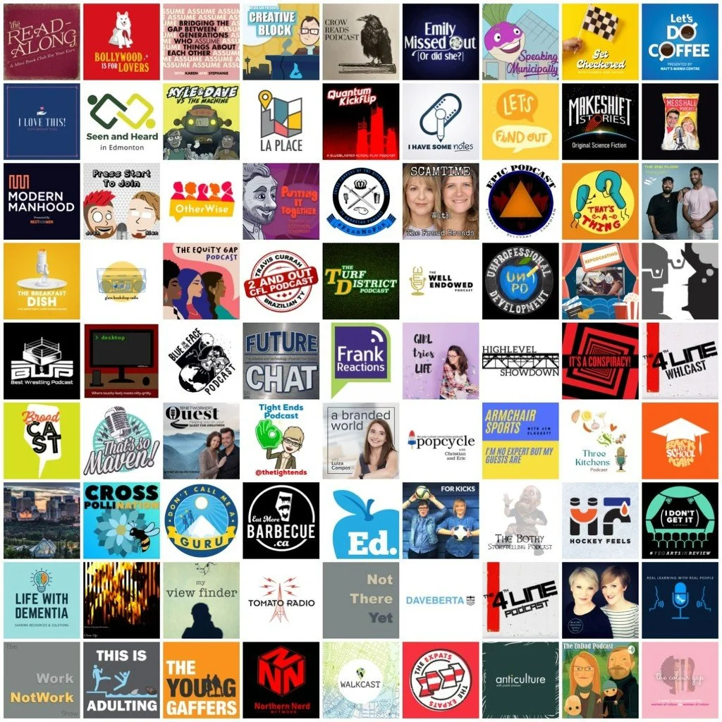 A square grid showing the cover art of 81  podcasts